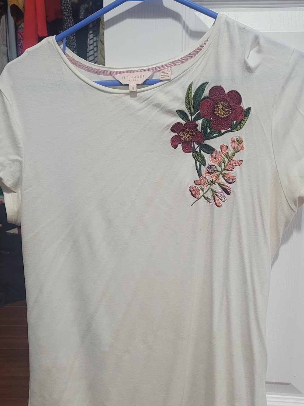 Ted Baker Cream Short Sleeve Tee with Pink and Burgundy Floral Embroidery